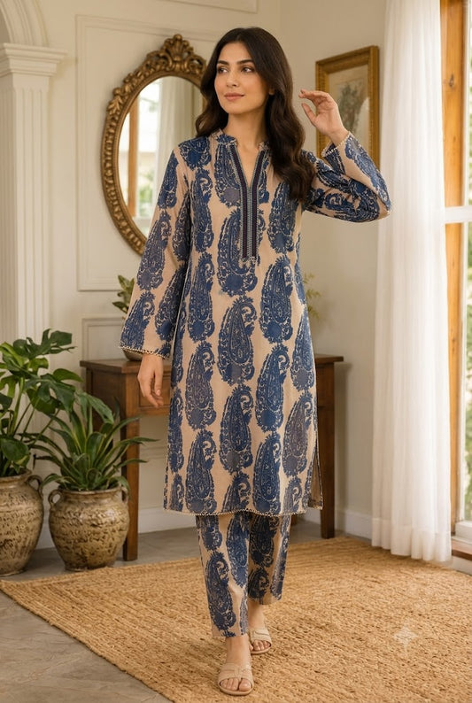 Elegant Blue Paisley Printed Stitched 2 Piece