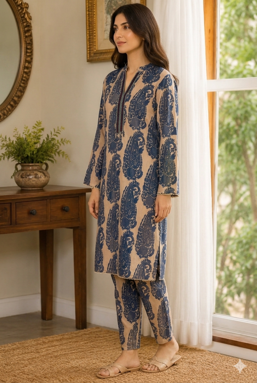 Elegant Blue Paisley Printed Stitched 2 Piece