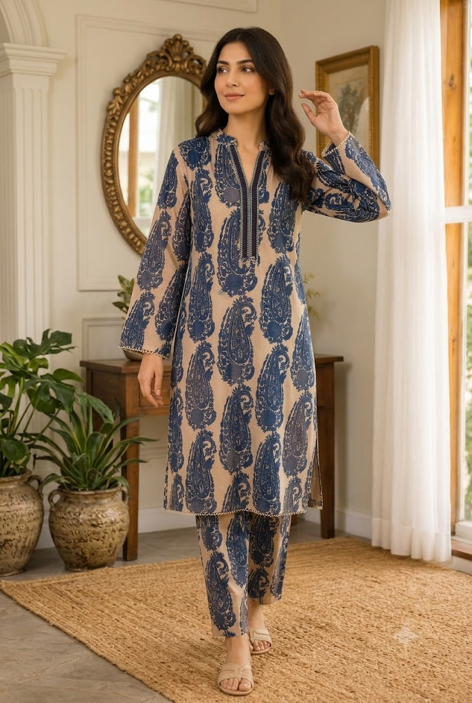 Elegant Blue Paisley Printed Stitched 2 Piece