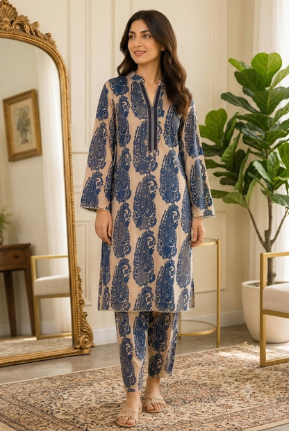 Elegant Blue Paisley Printed Stitched 2 Piece