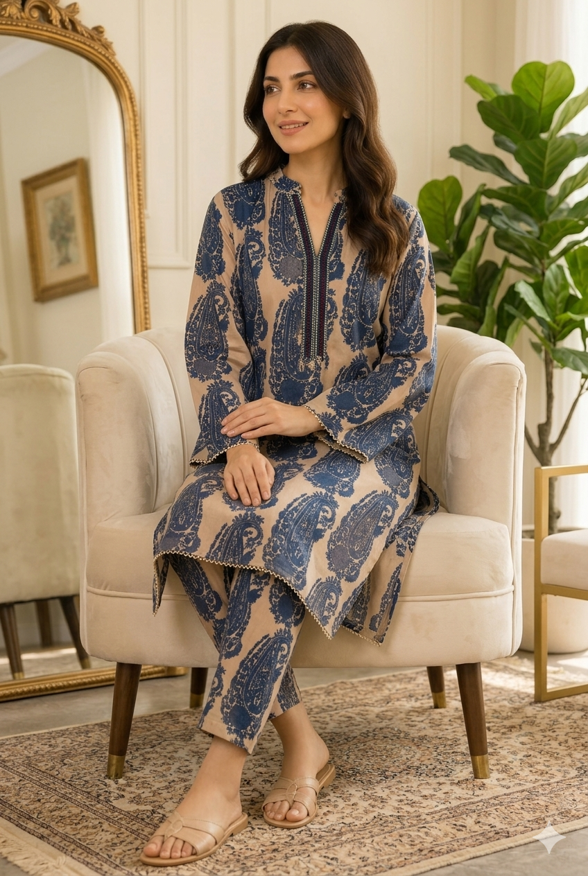 Elegant Blue Paisley Printed Stitched 2 Piece