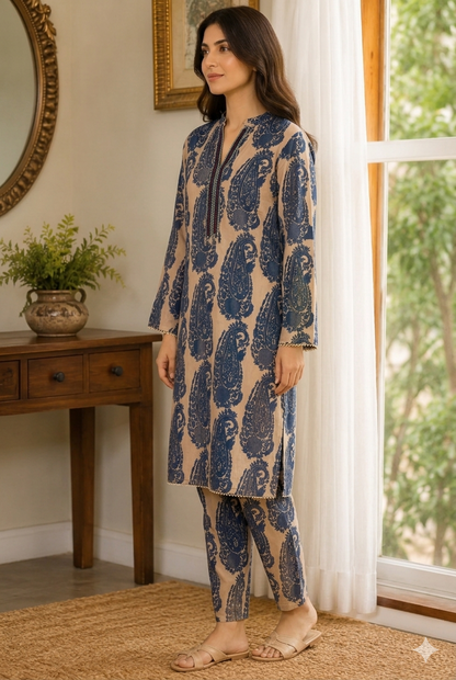 Elegant Blue Paisley Printed Stitched 2 Piece