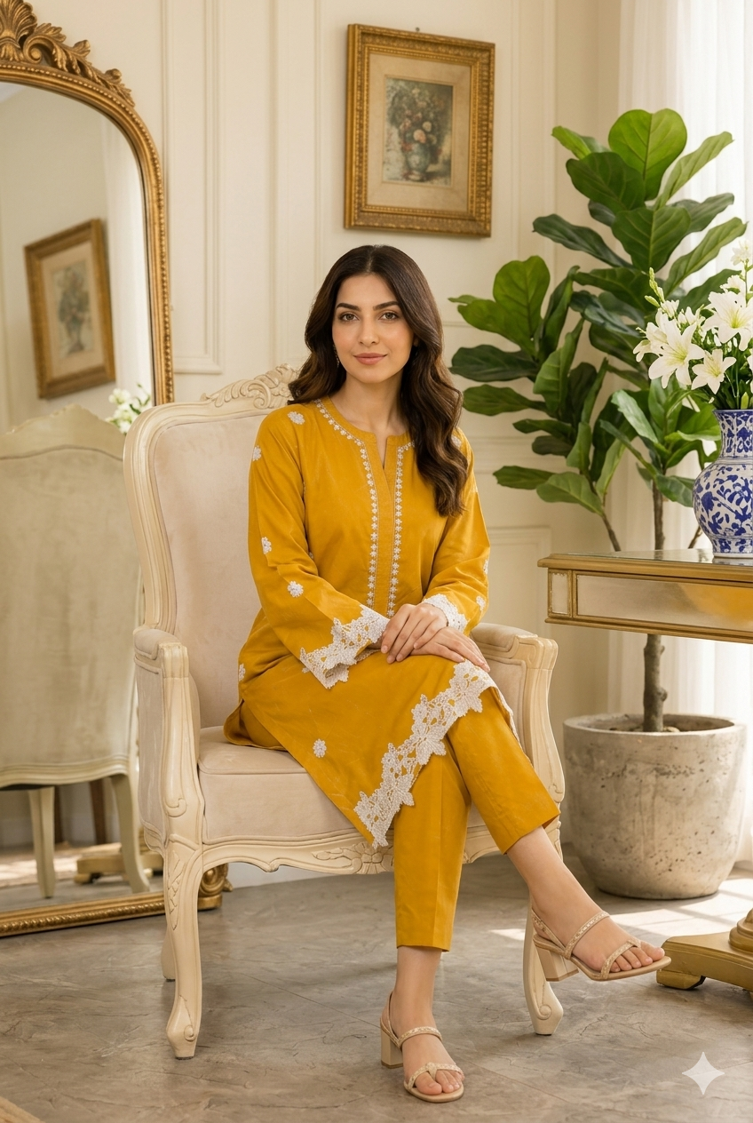 Mustard Embroidered Stitched 2 Piece