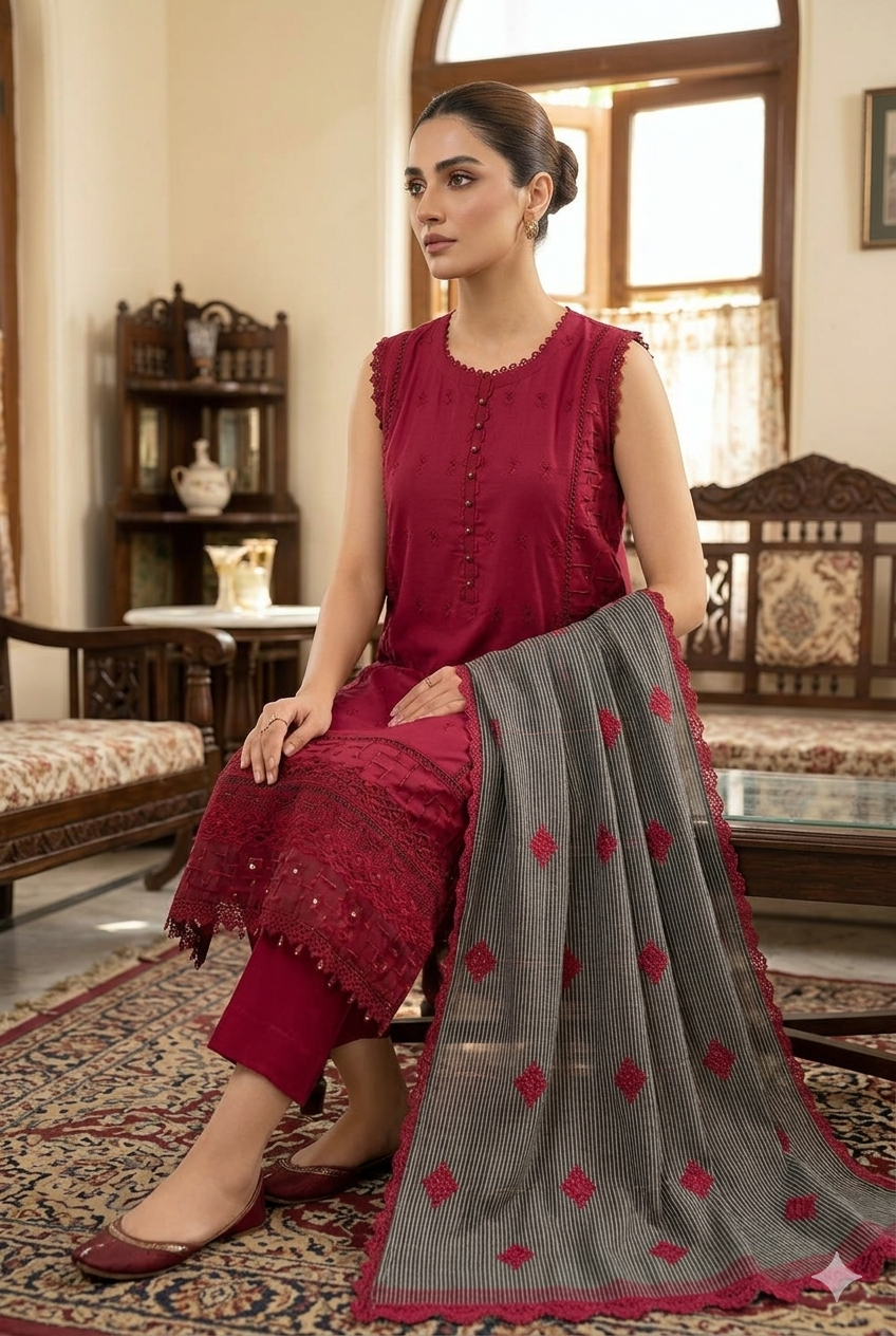 Embroidered Raw Silk Stitched 3 Piece