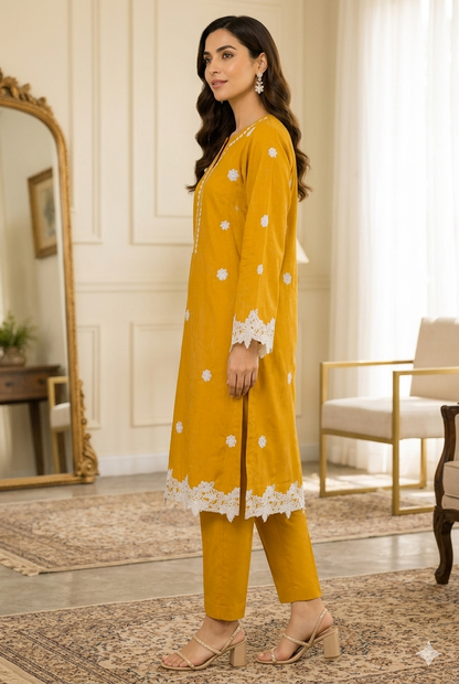 Mustard Embroidered Stitched 2 Piece