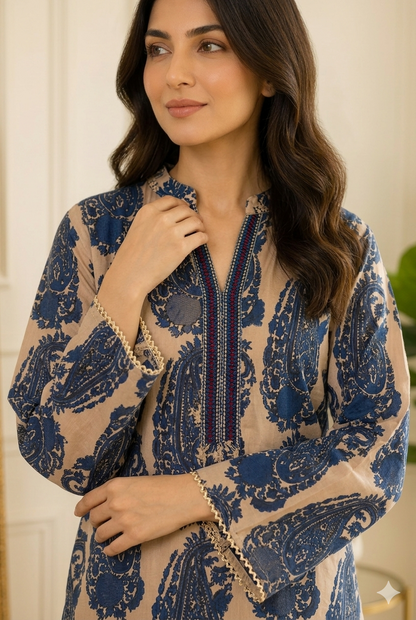 Elegant Blue Paisley Printed Stitched 2 Piece
