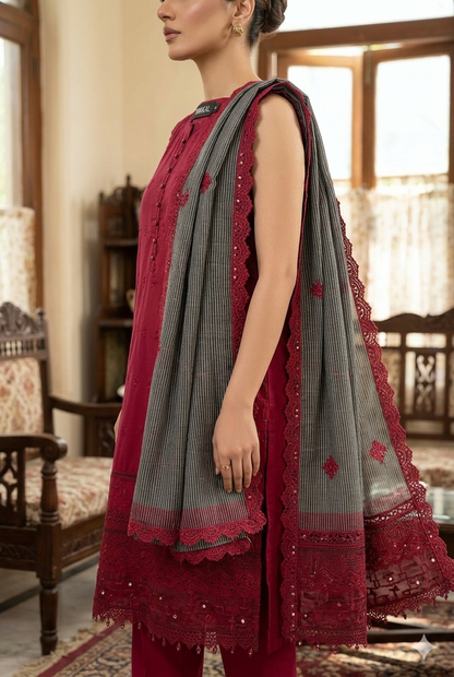 Embroidered Raw Silk Stitched 3 Piece