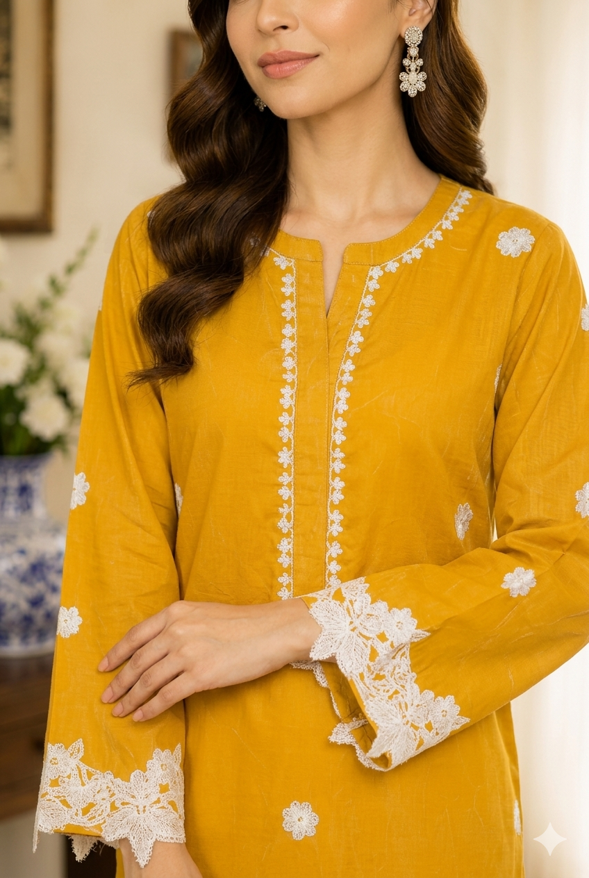 Mustard Embroidered Stitched 2 Piece