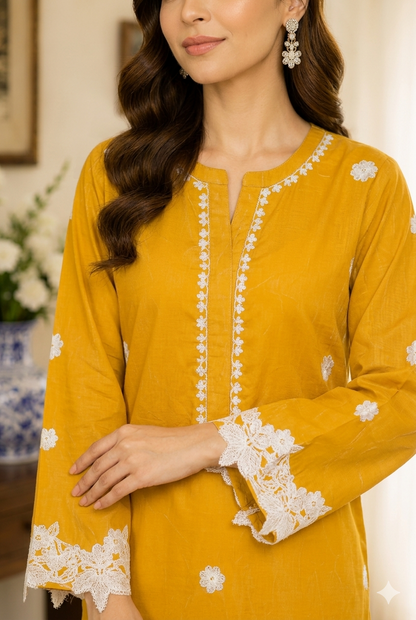 Mustard Embroidered Stitched 2 Piece