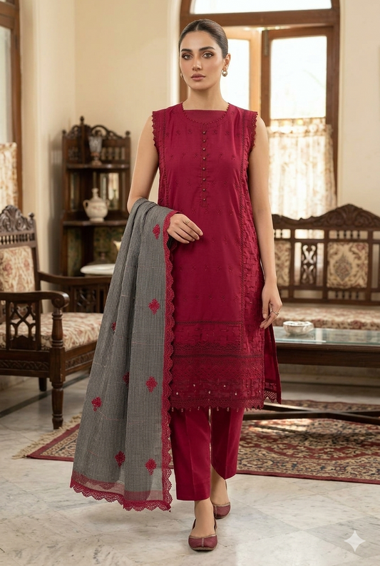 Embroidered Raw Silk Stitched 3 Piece