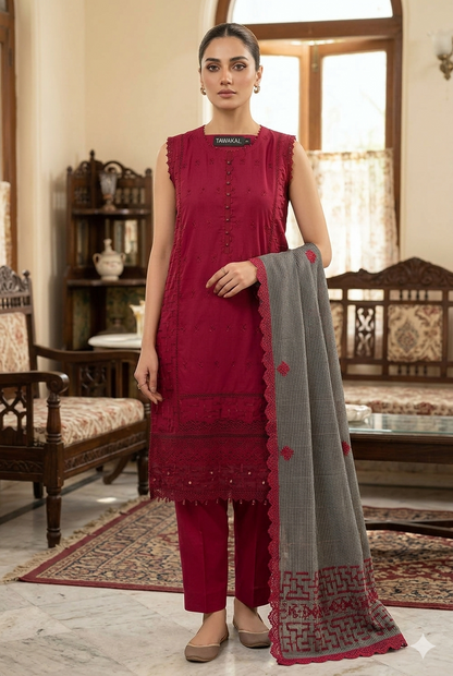 Embroidered Raw Silk Stitched 3 Piece