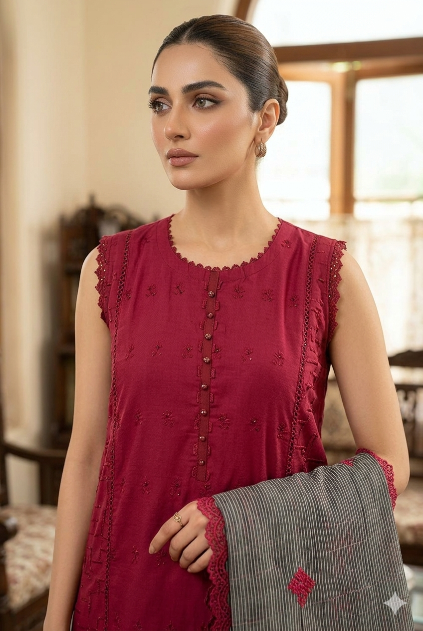 Embroidered Raw Silk Stitched 3 Piece