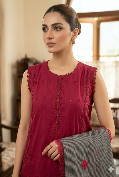 Embroidered Raw Silk Stitched 3 Piece