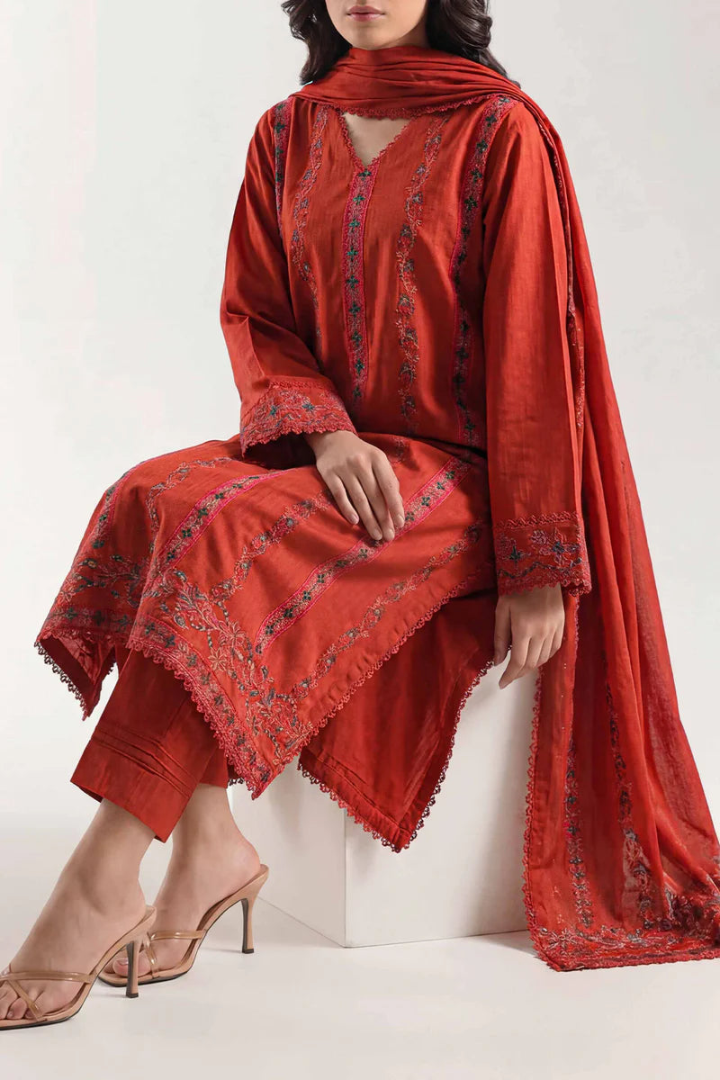 Luxury Pret Embroidered Slub Cotton Stitched 3 Piece