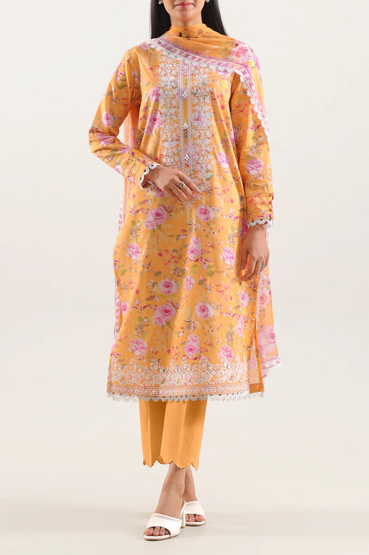 stitched Printed Embroidered Strip Lawn 3 Piece With Premium Chiffon Dupatta