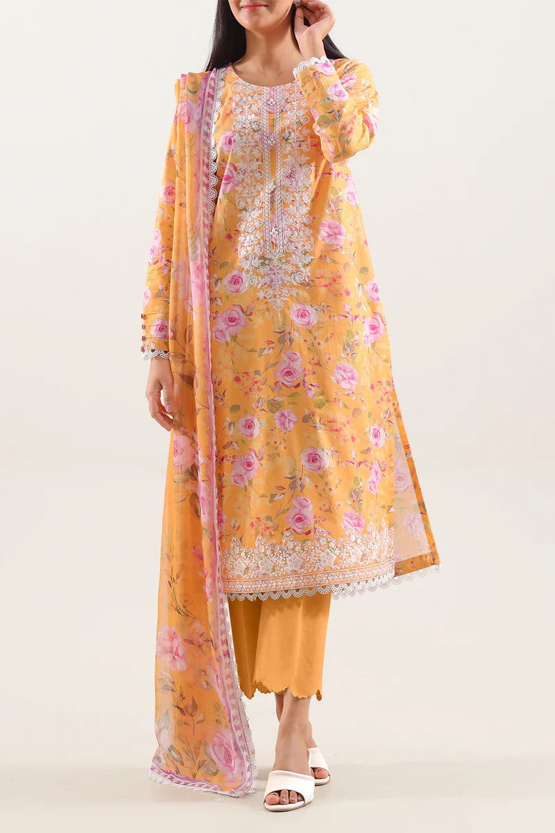 stitched Printed Embroidered Strip Lawn 3 Piece With Premium Chiffon Dupatta