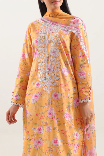 stitched Printed Embroidered Strip Lawn 3 Piece With Premium Chiffon Dupatta