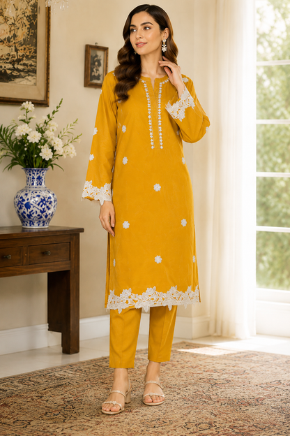 Mustard Embroidered Stitched 2 Piece